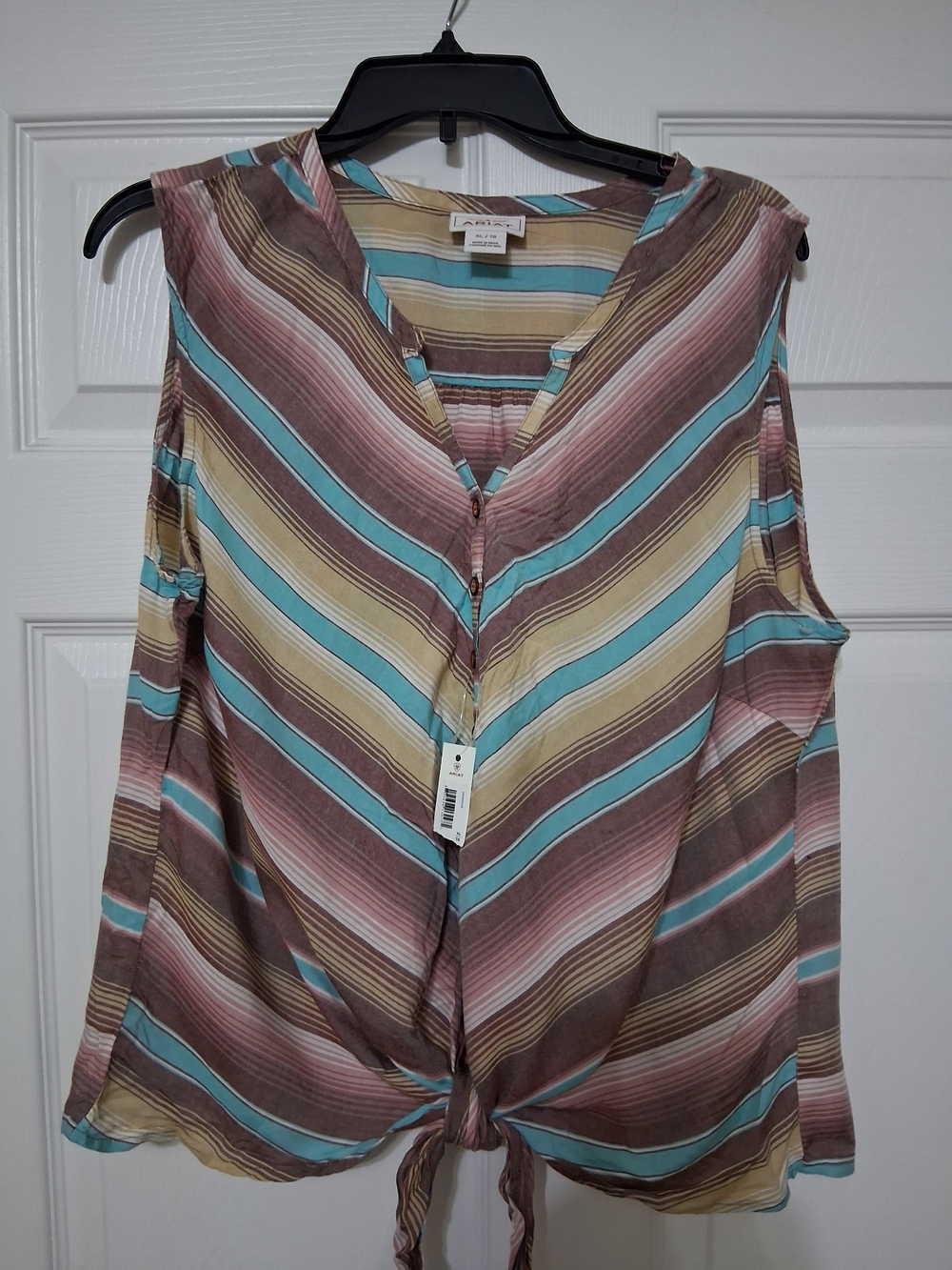 Ariat Striped Tie-Front Cold-Shoulder Camisole in Teal, Taupe & Cream